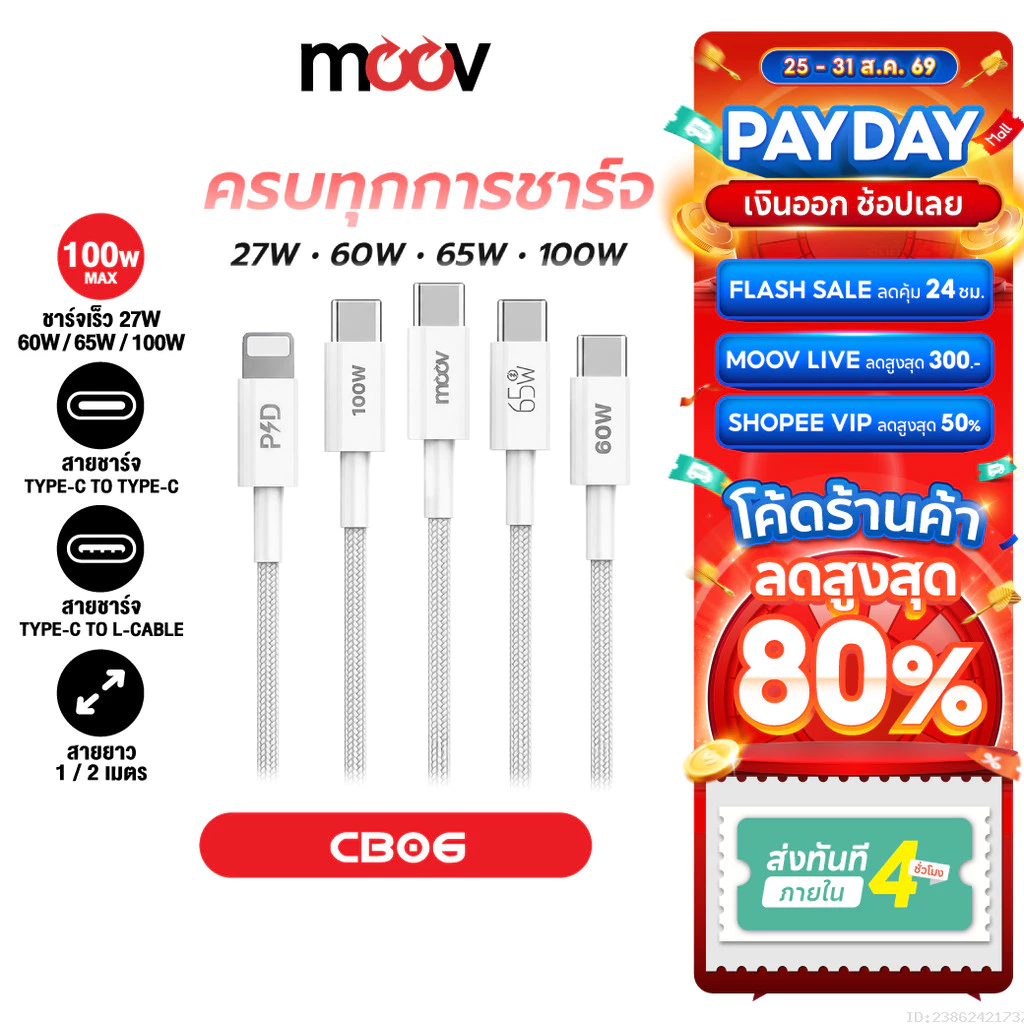 [ส่งเร็ว] Moov CB06 สายชาร์จเร็ว Type C to Type C / L-Cable 100W 65W 60W 27W PD Fast Charge เหมาะสำหรับ iPhone Samsung