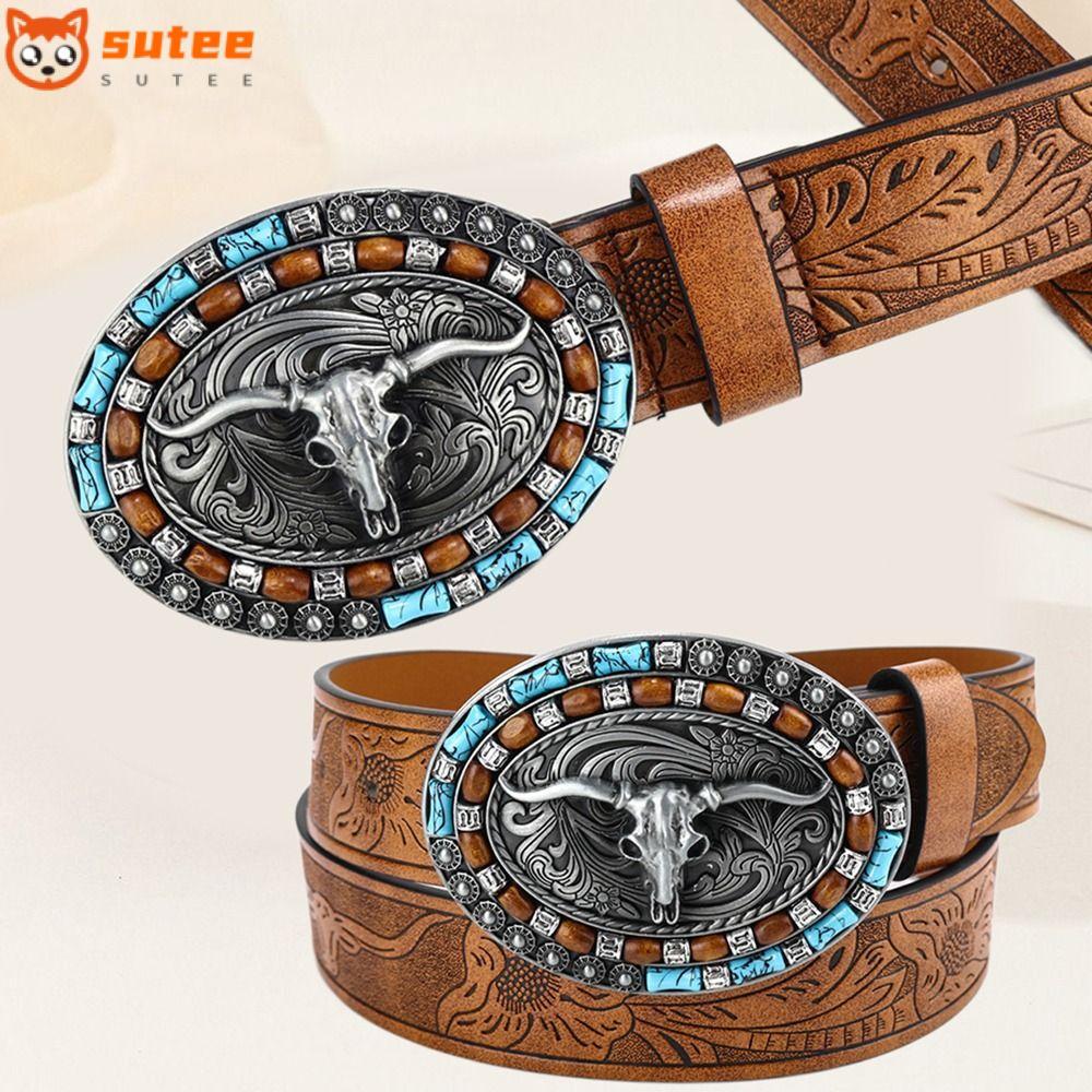 SUTEEE Mens Western Cowboy Belt, PU Leather Bull Pattern Buckle Belt, Fashion Wide Vintage Waist Bel