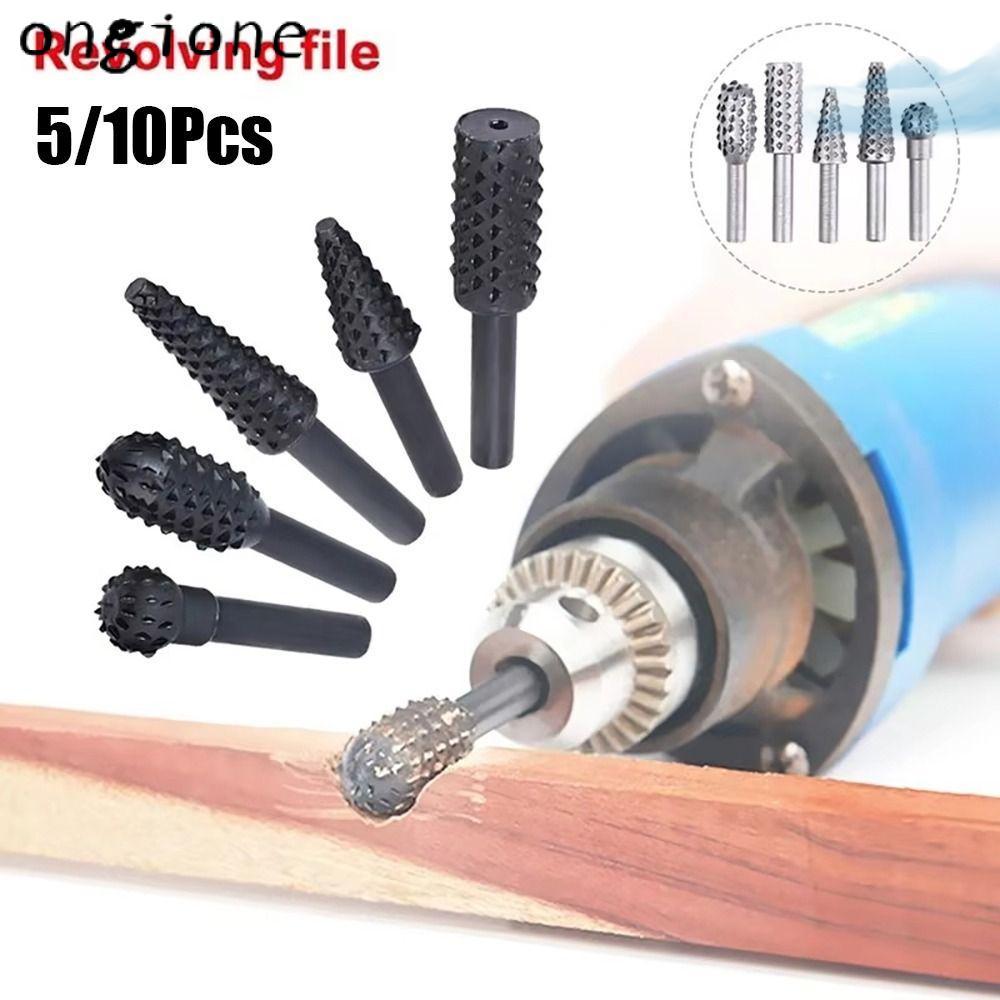 ONGIONE 5/10 ชิ้น Rotary Burr ชุด, เหล็ก 6 มิลลิเมตร Shank ไม้ Rasp แฟ้ม, สีดําสีเทาหัวเจียรเจาะ Bits ขัด