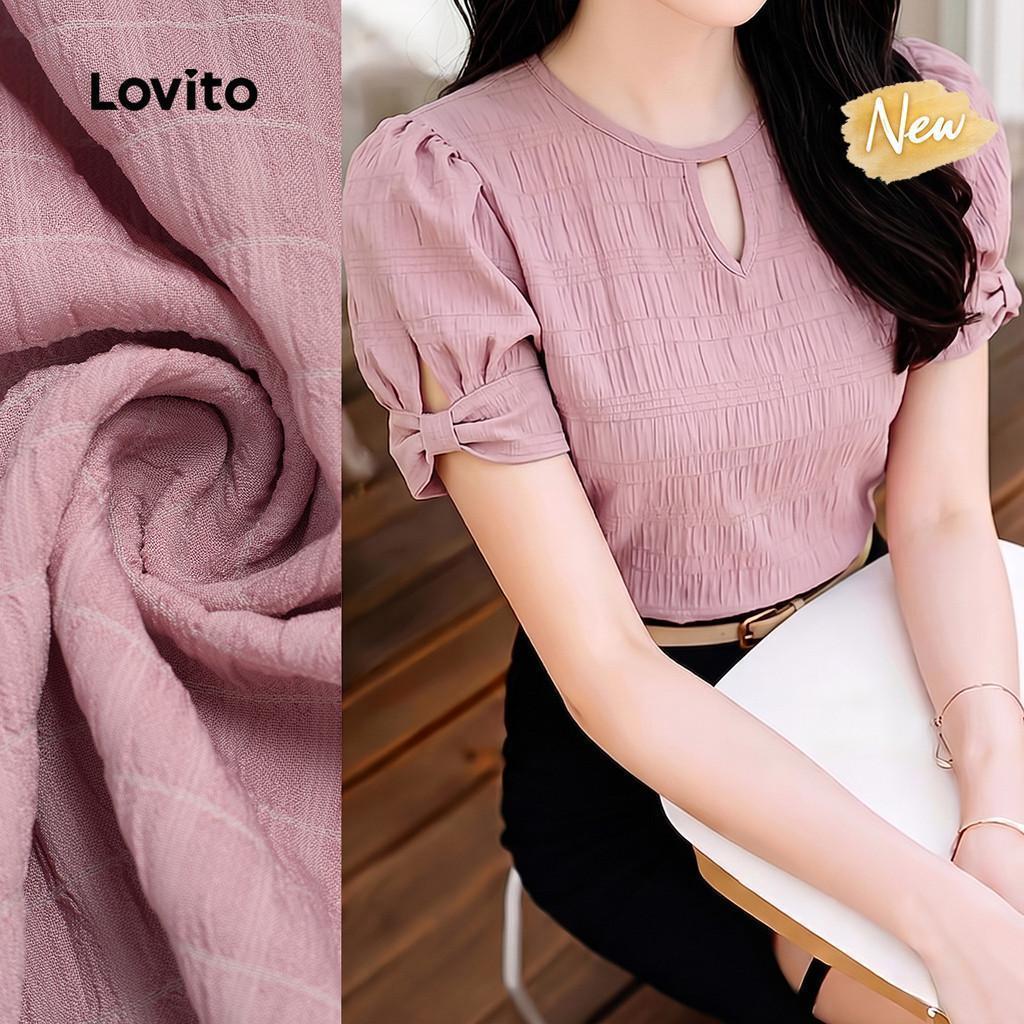 (New Arrival) Lovito เสื้อเชิ้ตผู้หญิงสีชมพู สไตล์โบว์ตัดออกสําหรับฤดูร้อน BLK8P1D540