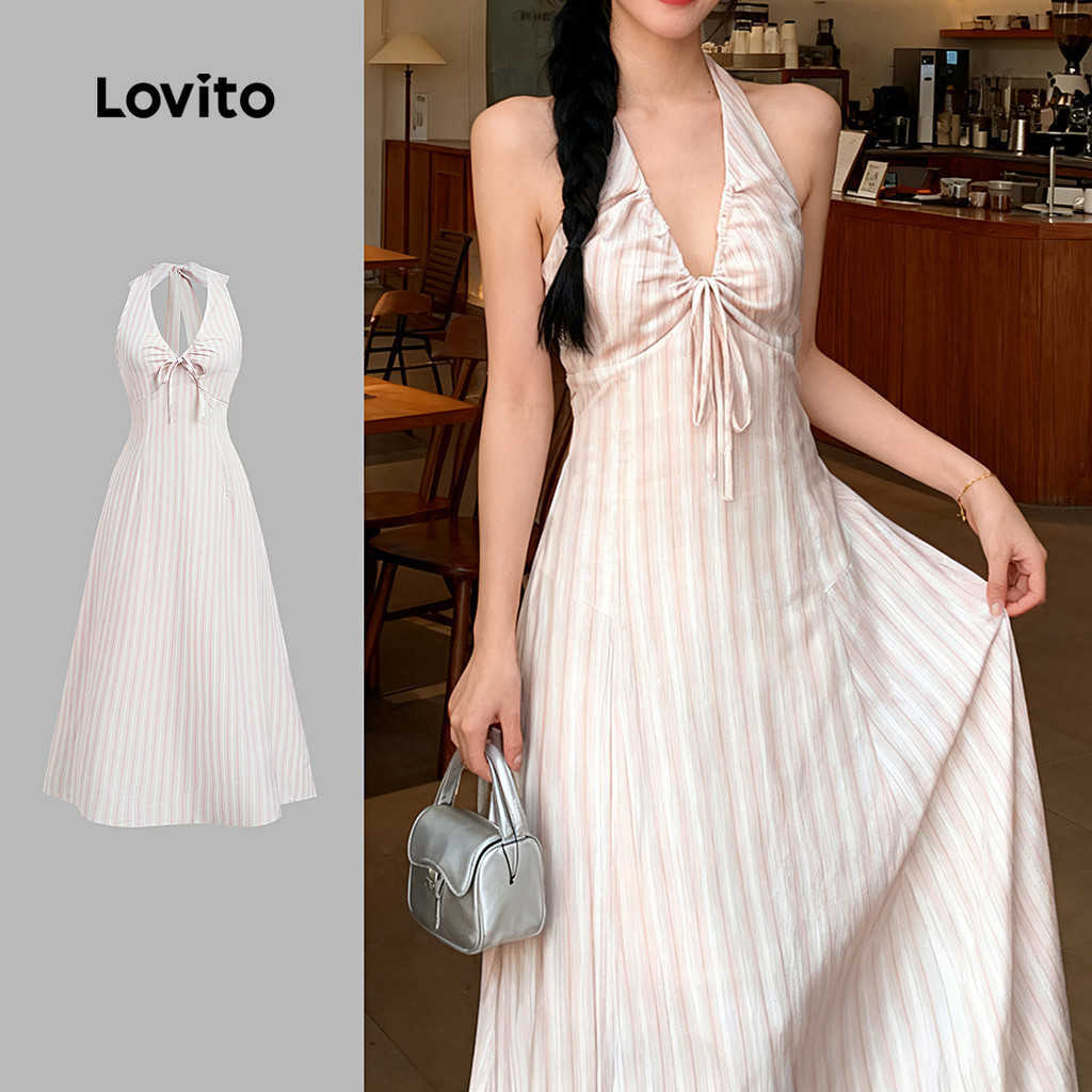 Lovito เดรสลำลองเซ็กซี่ คอผูกเชือก สีชมพูอ่อน สำหรับผู้หญิง เหมาะสำหรับฤดูใบไม้ผลิ/ฤดูร้อน เกาหลี อินเทรนด์ L159AD567