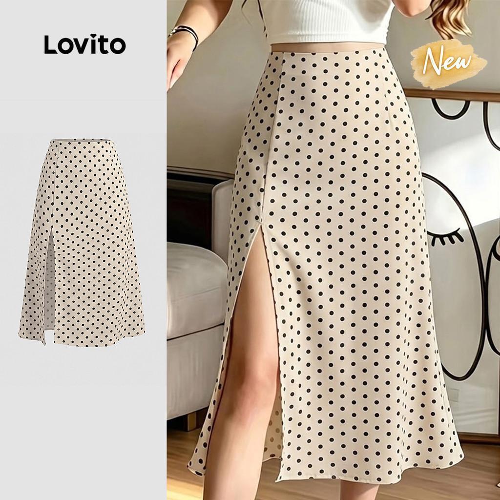 (New Arrival) Lovito กระโปรงลําลอง ผ่าหน้า กระโปรงสปริง/ซัมเมอร์ทรงสบายสําหรับผู้หญิง SKK8P2D1009