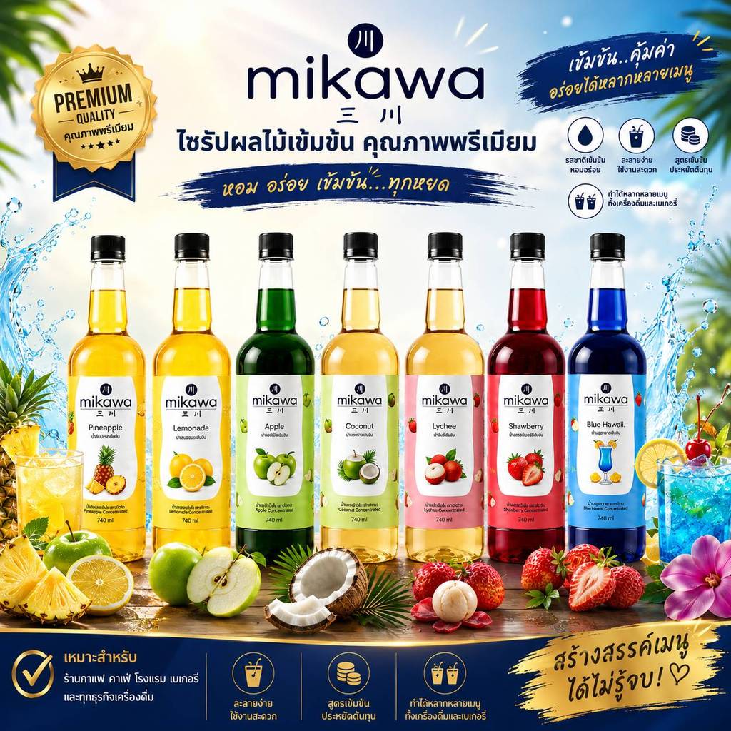 ไซรัปมิคาวะ ขนาด 740 มล น้ำลิ้นจี่ น้ำมะพร้าว น้ำบลูฮาวาย MIKAWA สควอช ไซรัปเข้มข้น