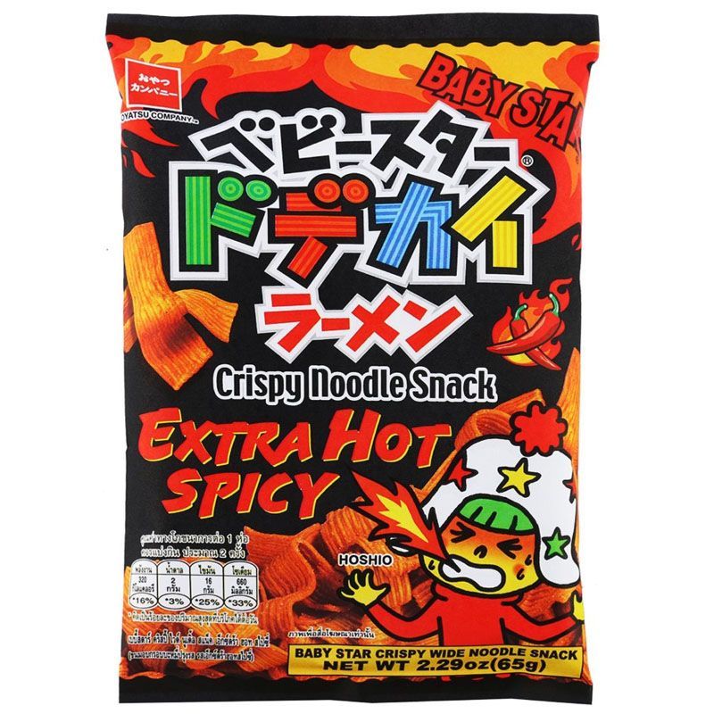 เบบี้สตาร์ขนมอบกรอบบะหมี่ปรุงรสรสเอ็กซ์ตร้าฮอทสไปซี่ 65ก Baby Star Extra Hot Spicy 65g [หมายเลขบาร์โค้ด 4902775074285]