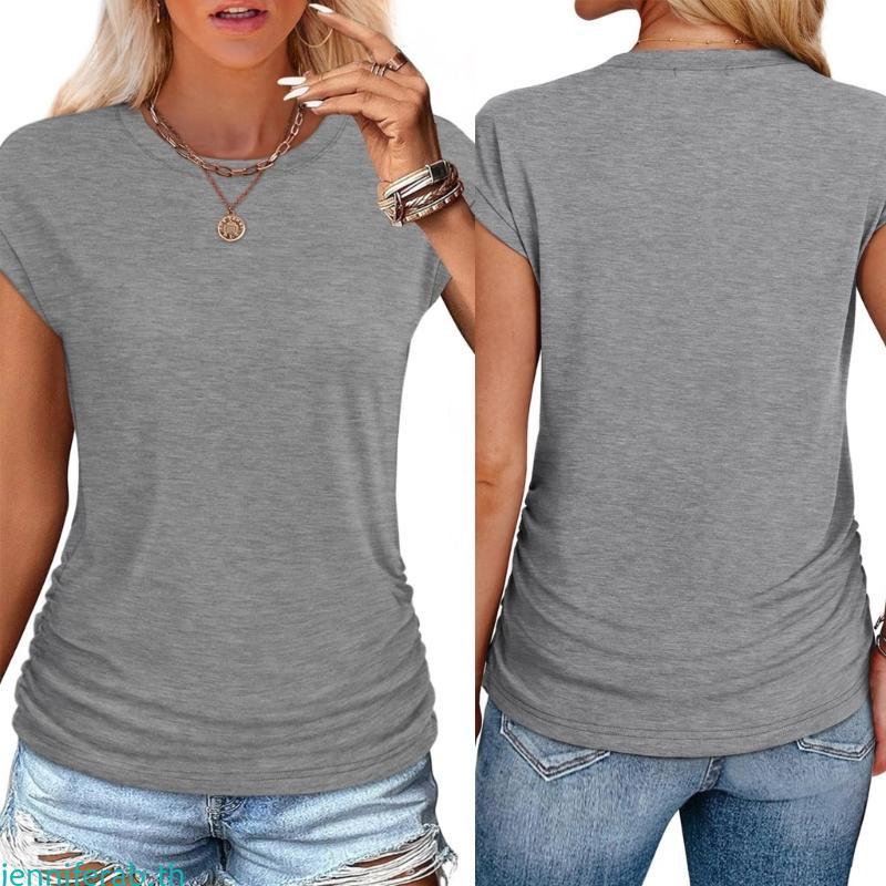 Jenniferab แฟชั่นฤดูร้อนผู้หญิงลูกเรือคอหมวกเสื้อแขนสั้น Casual Basic Tee ธรรมดาสีทึบด้านข้าง Shirri