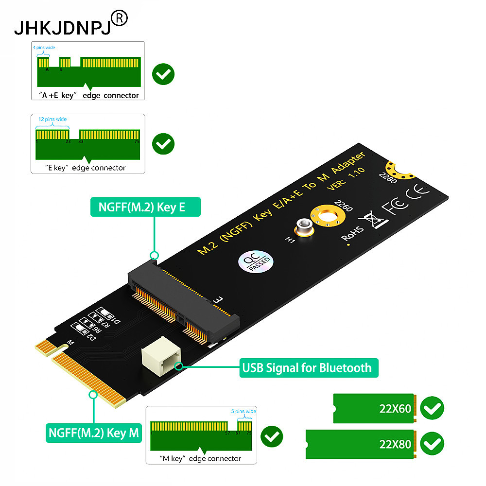 M.2 NGFF A+E คีย์ไร้สายการ์ดอะแดปเตอร์ M.2 Key M สําหรับ Intel AX200/AX201/AX210