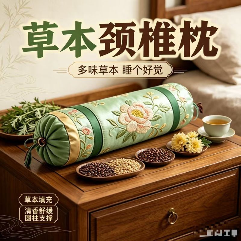 纯中圆柱枕养生专用枕头中草圆柱枕家用护颈枕颈椎枕头202608029 Pure Chinese herbal cylindrical pillow for health care, home use 
