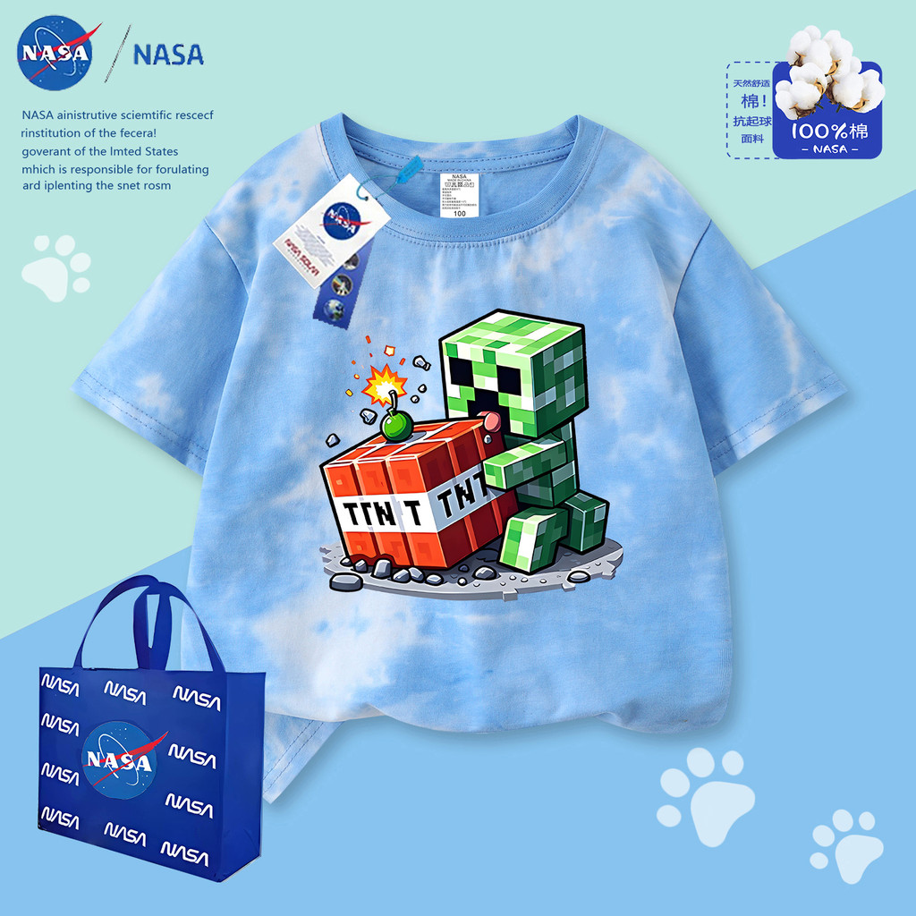 NASA ฤดูร้อนอินเทรนด์ TMT Creeper พิมพ์ผ้าฝ้ายแท้ Tie-Dye แขนสั้นเด็กสนุกรอบคอ All-Match T @
