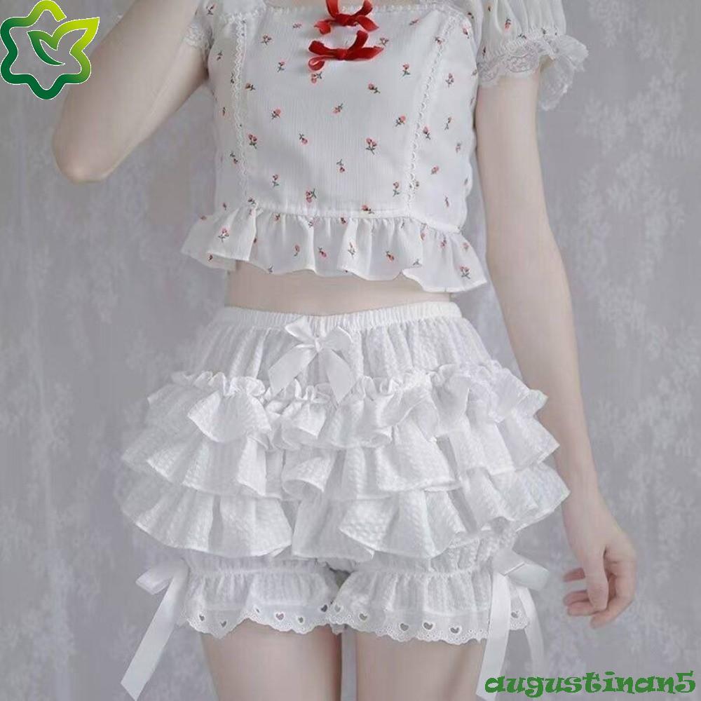 AUGUSTINAN กางเกงขาสั้นชุดกีฬาผู้หญิง,จีบ JK Lolita Lace Bow Safety Pants, Sweet Ruffle Layered Puff