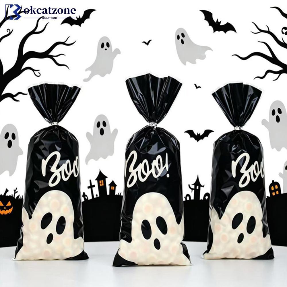 OKCATZONE 50/100 ชิ้นสีดําสีขาว Ghost ฮาโลวีน OPP ถุงปิดผนึกด้วยตนเอง Candy Snack Pastry ถุงบรรจุภัณ