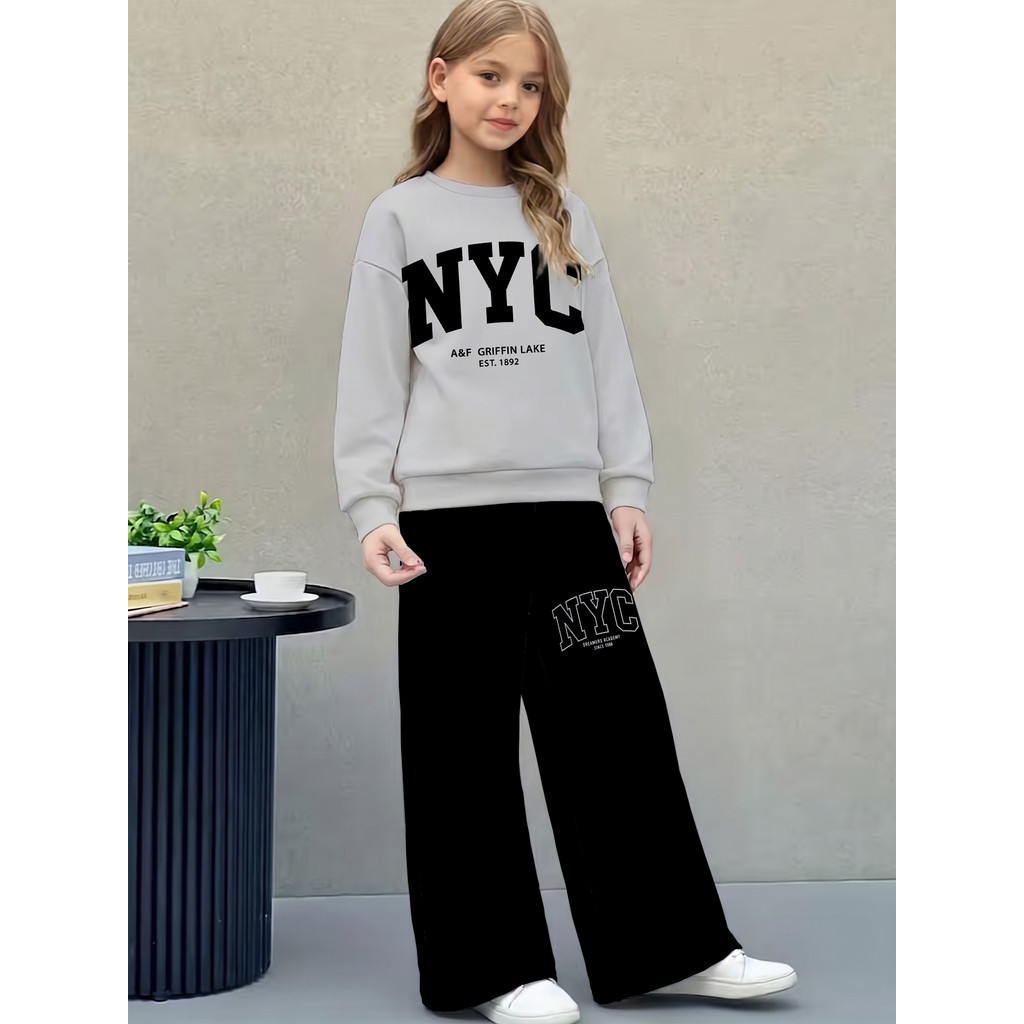 Girls Light-Gray NYC Letter พิมพ์ชุดวอร์ม 2 ชิ้น,เสื้อยืดแขนยาวคอลูกเรือและกางเกงขากว้างสีดําชุดลําล