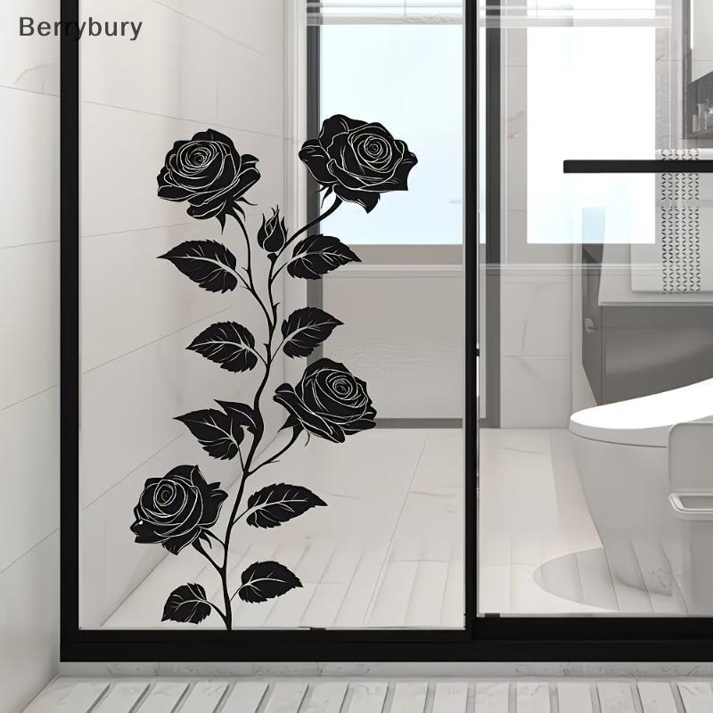 Berrybury Red Rose Black Vine Butterfly Glass สติกเกอร์สําหรับห้องน้ําประตูที่ถอดออกได้กันน้ําตกแต่ง