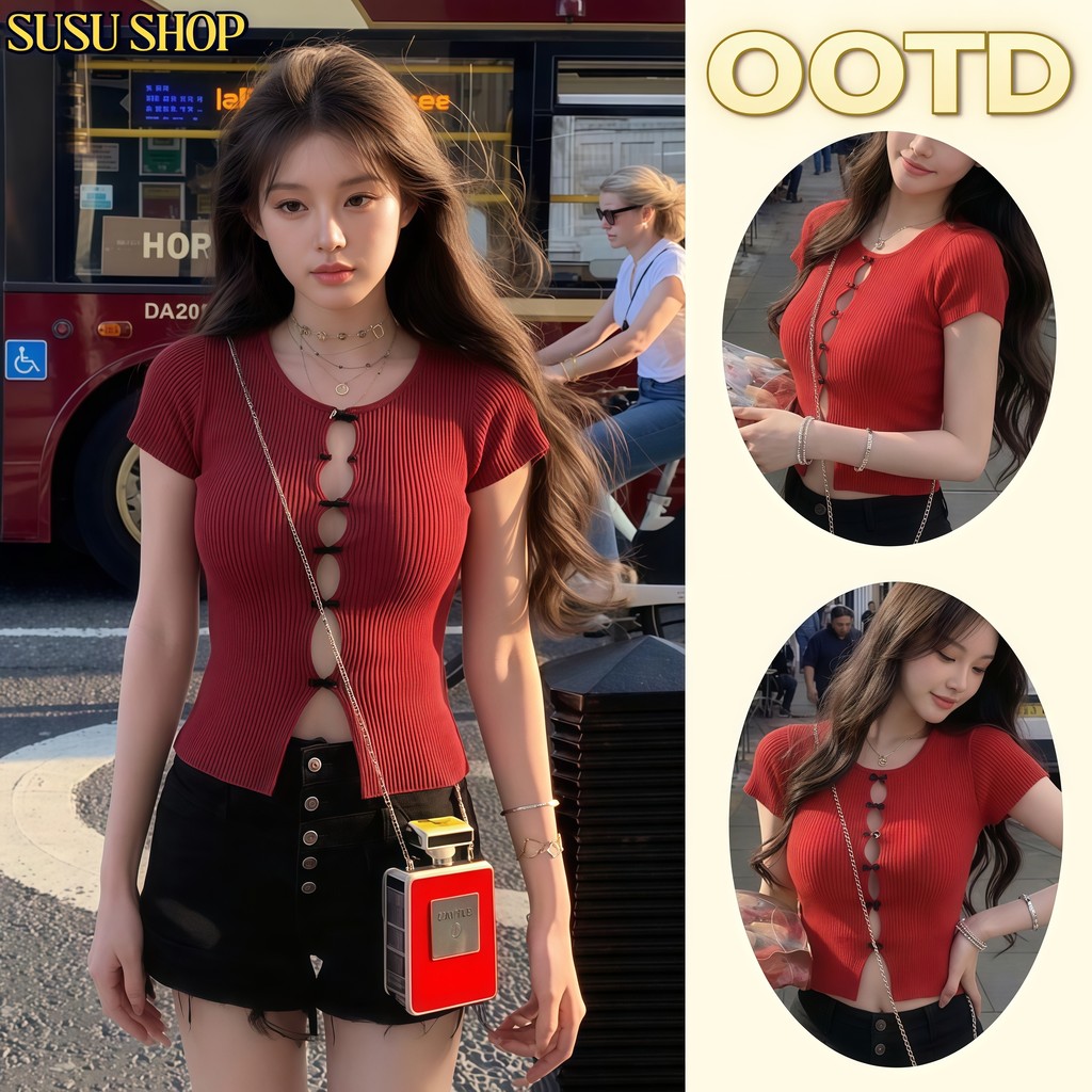 SuSu🎀พร้อมส่ง🎀เสื้อยืดแขนสั้นสไตล์เกาหลี คอกลม ตัดหน้าแยก ผ้ายืดหยุ่น โชว์เสน่ห์สัดส่วน-31131