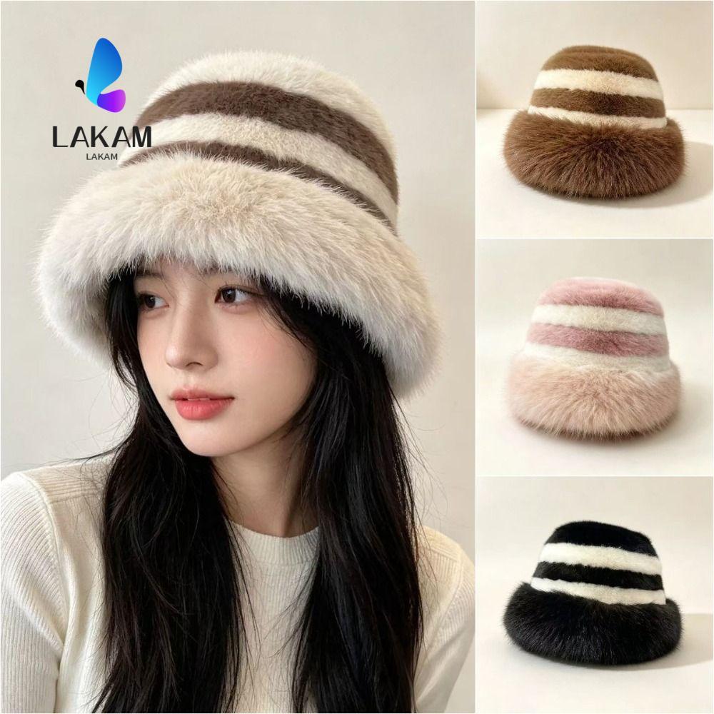 LAKAM Fur Bucket Hat, Faux Fur Keep Warm Plush Hat, Fashion Wide Brim Ear Protection Basin Hat Winte