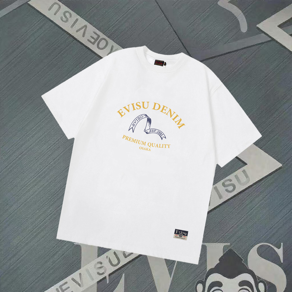 EVISU/Fushen/2026 คลาสสิกรอบคอแขนสั้นเสื้อยืดผู้ชายผู้หญิง Niche อินเทรนด์ธุรกิจ Slim-fit Slimmer ดู