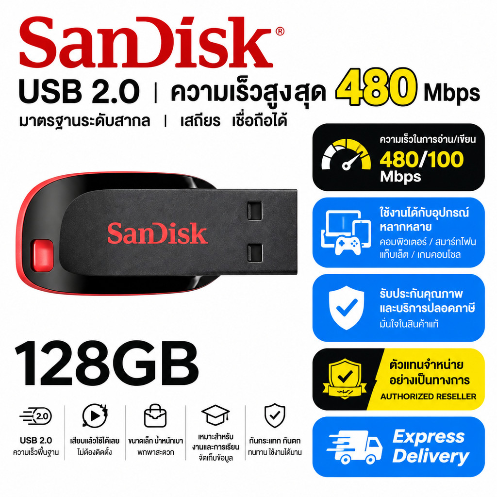 【สินค้าส่งเสริมการขาย】SanDisk แฟลชไดรฟ์ 32GB 64GB 128GB USB Flash Drive ความเร็วสูง สำหรับคอมพิวเตอร์และโน้ตบุ๊ก