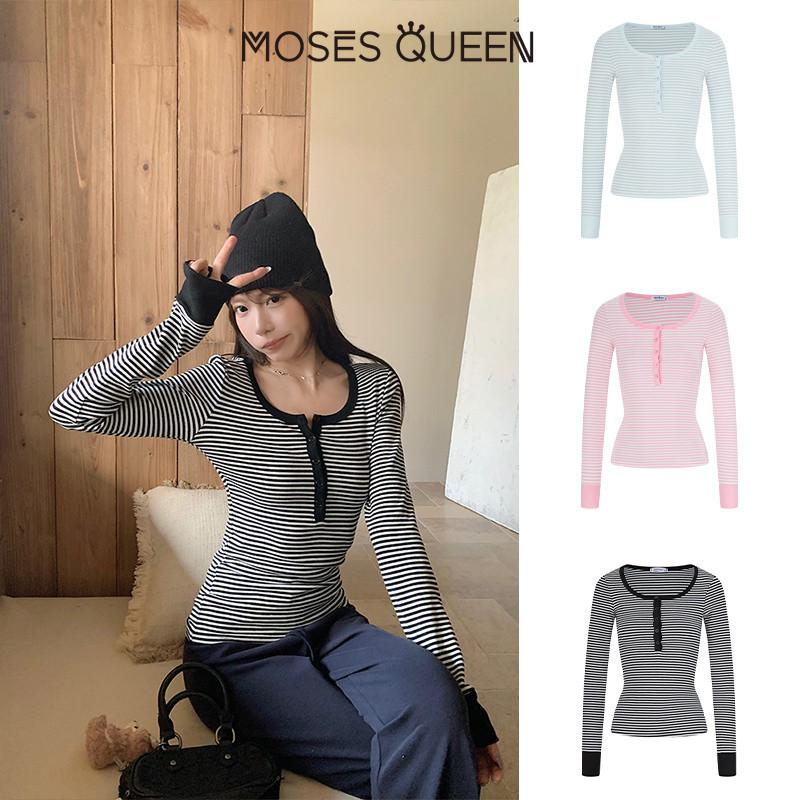MOSESQUEEN تيشيرت نسائي مقلّم بأكمام طويلة وياقة مفتوحة — صورة 2