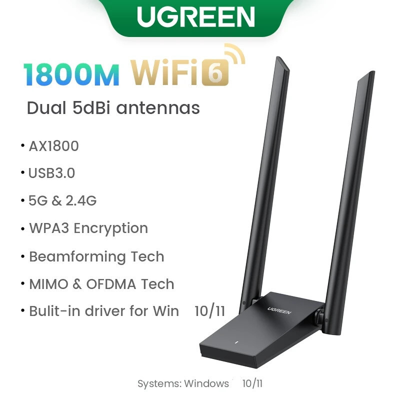 UGREEN อะแดปเตอร์ WiFi AX1800 WiFi6 USB3.0 5G & 2.4G DualAntenna USB WiFi Ethernet Receiver