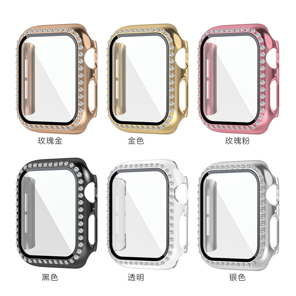 เหมาะสําหรับเคสป้องกัน Apple Watch Series2-10/SE Watch Single Row Diamond-studded Tempered Film Styl
