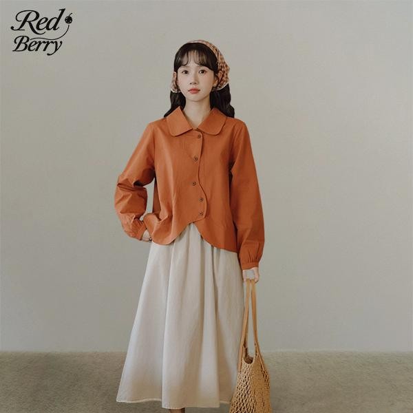 Red Berryเสื้อเชิ้ตผ้าฝ้ายแท้หลวมสไตล์ญี่ปุ่นฤดูใบไม้ร่วงและฤดูหนาวปี 2025 ทรงหลวมพร้อมกระดุมทรงไม่สม่ำเสมอ99201