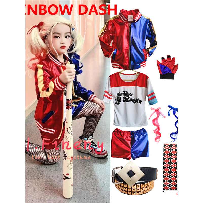 ชุดผีฮาโลวีน ชุดฮาโลวีนเด็ก ฮาโลวีน Harley Quinn เครื่องแต่งกายประสิทธิภาพ Harley Quinn เครื่องแต่งก