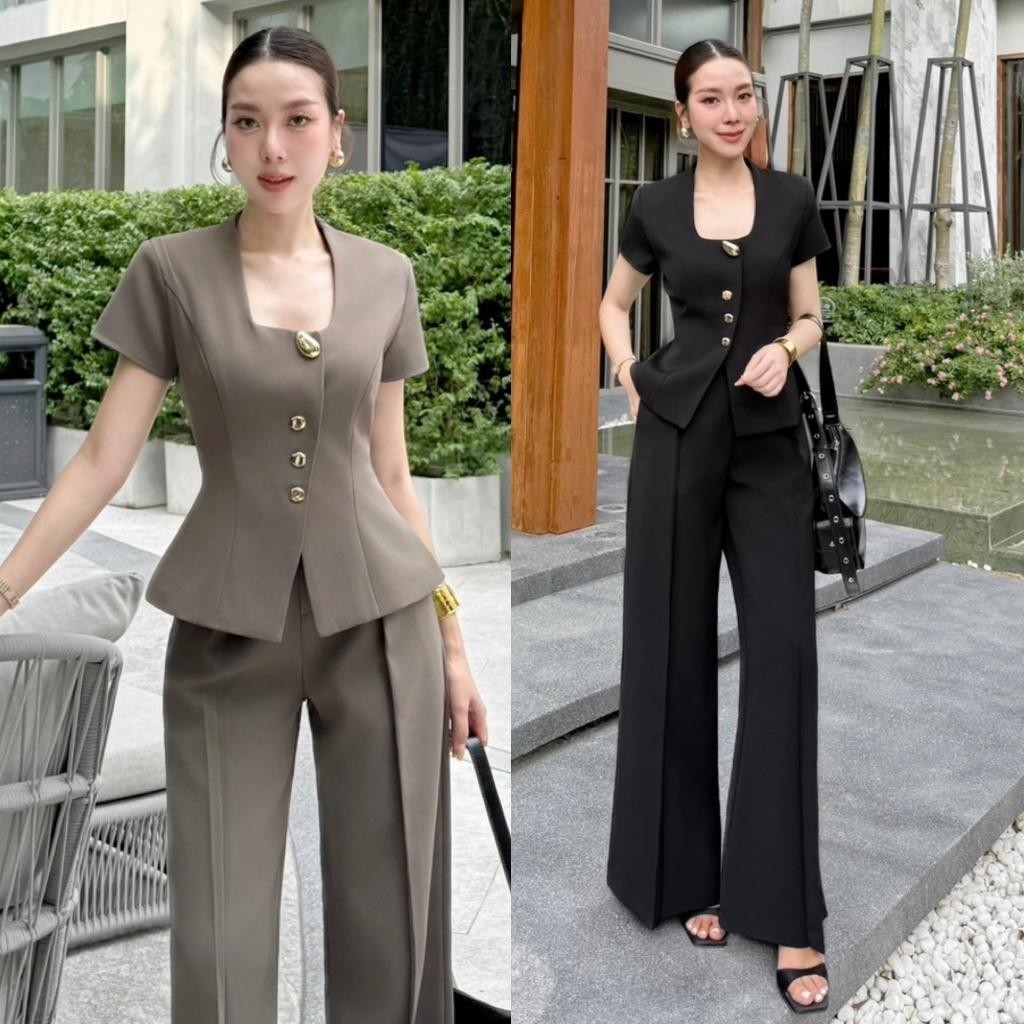 (พร้อมส่ง) SHIMMER79 ชุดเซตทำงาน ออกงาน เสื้อแต่งกระดุม กางเกงขายาวแต่งจีบหน้า