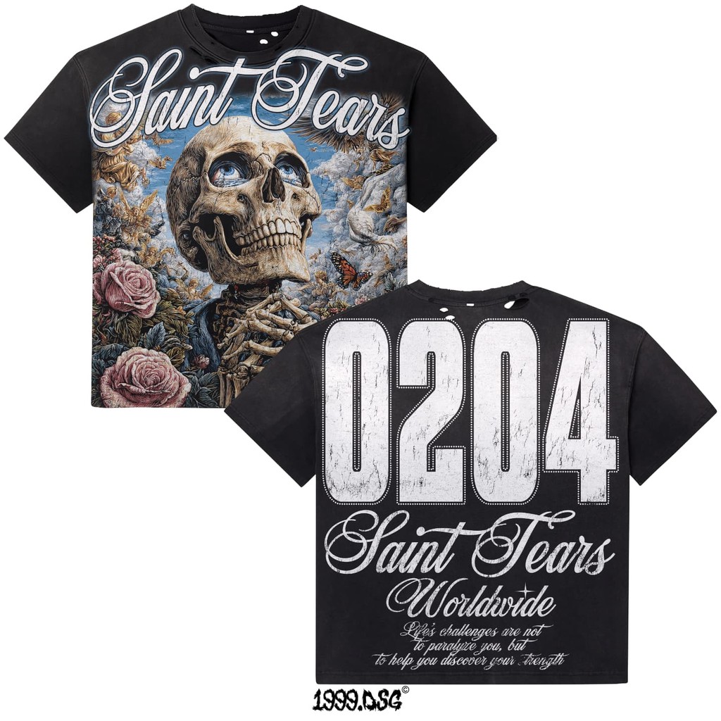 Vintage Floral Skull พิมพ์สีทึบ O-คอเสื้อยืด Y2k Hip-hop Street Harajuku เสื้อแขนสั้น