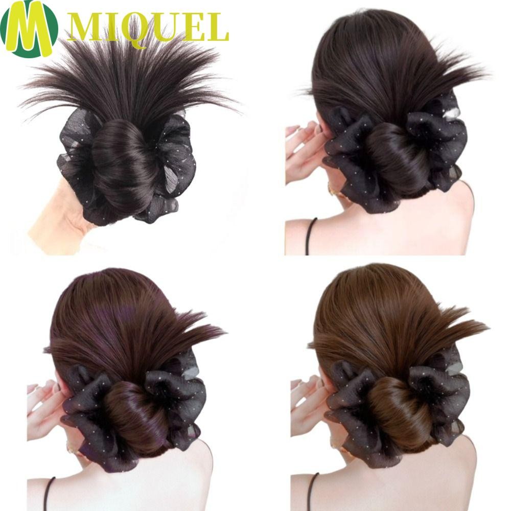 Miqueล Bun Head Wig วิกผมทรงครอยสั้นหยิกคลุมทึบพร้อมโบว์คริสตัล ของแต่งหน้าสำหรับงานเลี้ยงและเหตุการ