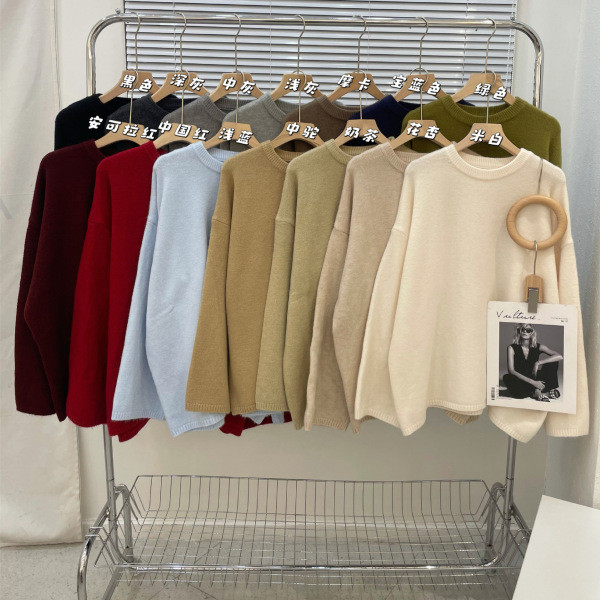 เสื้อสเวตเตอร์ถักคอกลมสำหรับผู้หญิง aiiz cardigan ข้ามพรมแดนใหม่ไซส์ใหญ่สีทึบคอกลมหลวมสไตล์ชิวๆเสื้อ