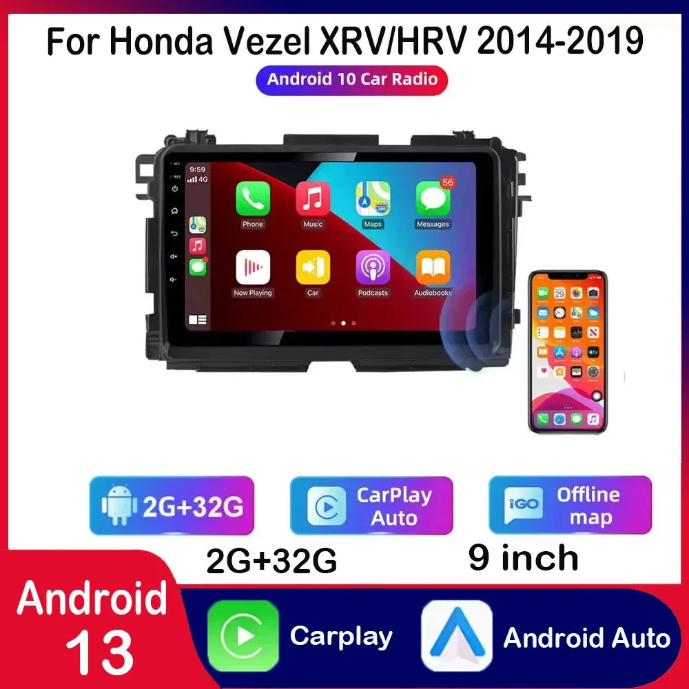 รถ Gps นําทางวิทยุ Carplay สเตอริโอ Wifi สําหรับ Honda Vezel Xrv/hrv 2014-2019 9in Android 13