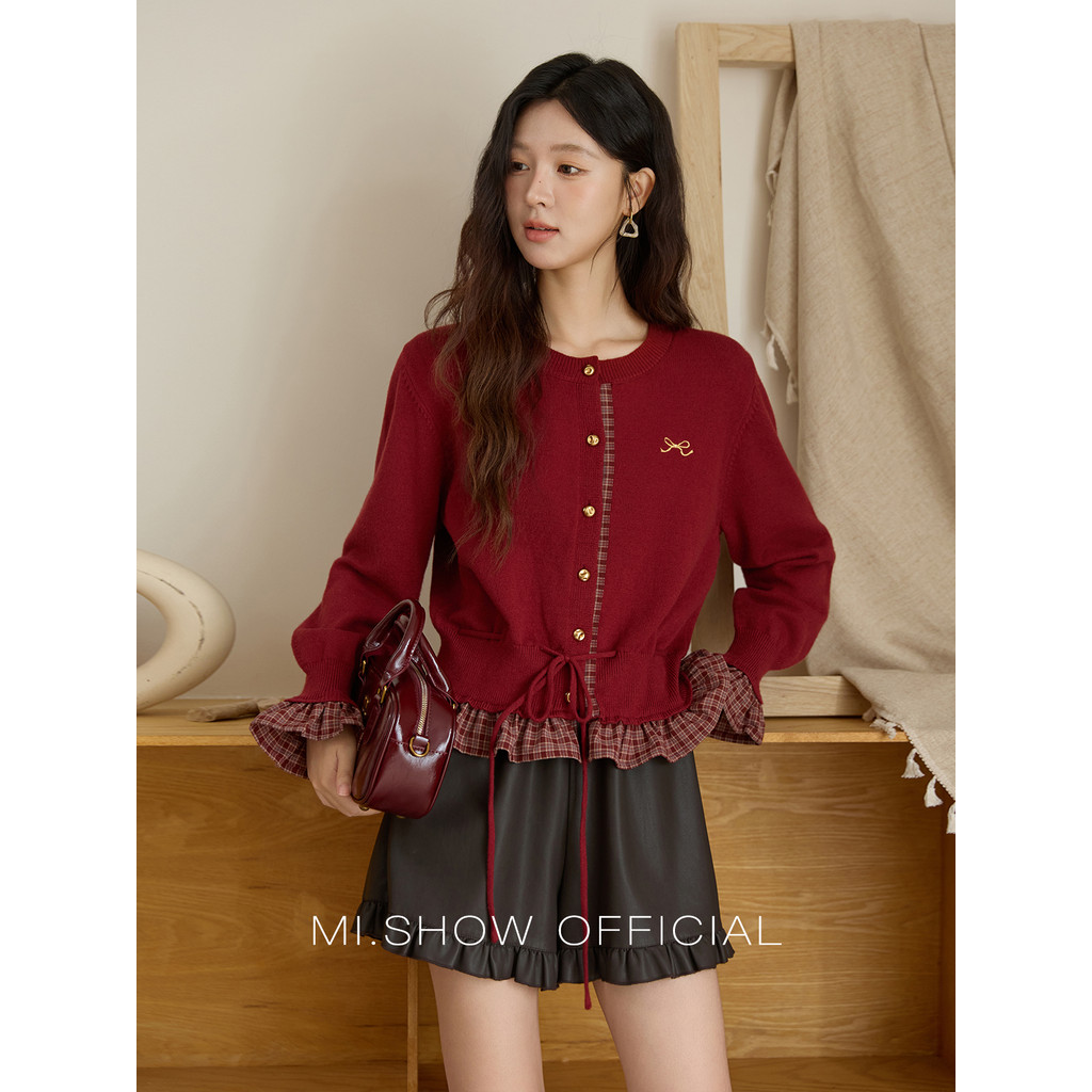 มิโชว์สก๊อตสีแดงสำหรับผู้หญิง แบบทึบลมเหมาะกับฤดูหนาว
