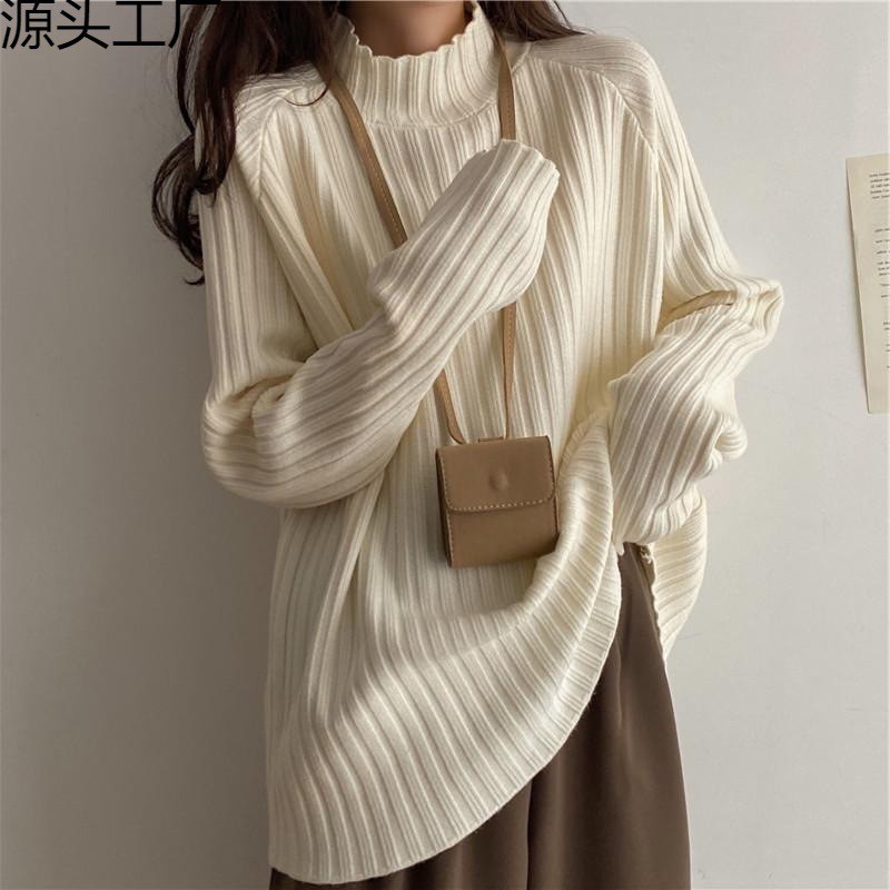 ครึ่งคอเต่าหนาเสื้อกันหนาวผู้หญิงฤดูใบไม้ร่วงฤดูหนาวสไตล์ขี้เกียจหลวมขนาดใหญ่ไขมันมมกลางความยาวด้านใ