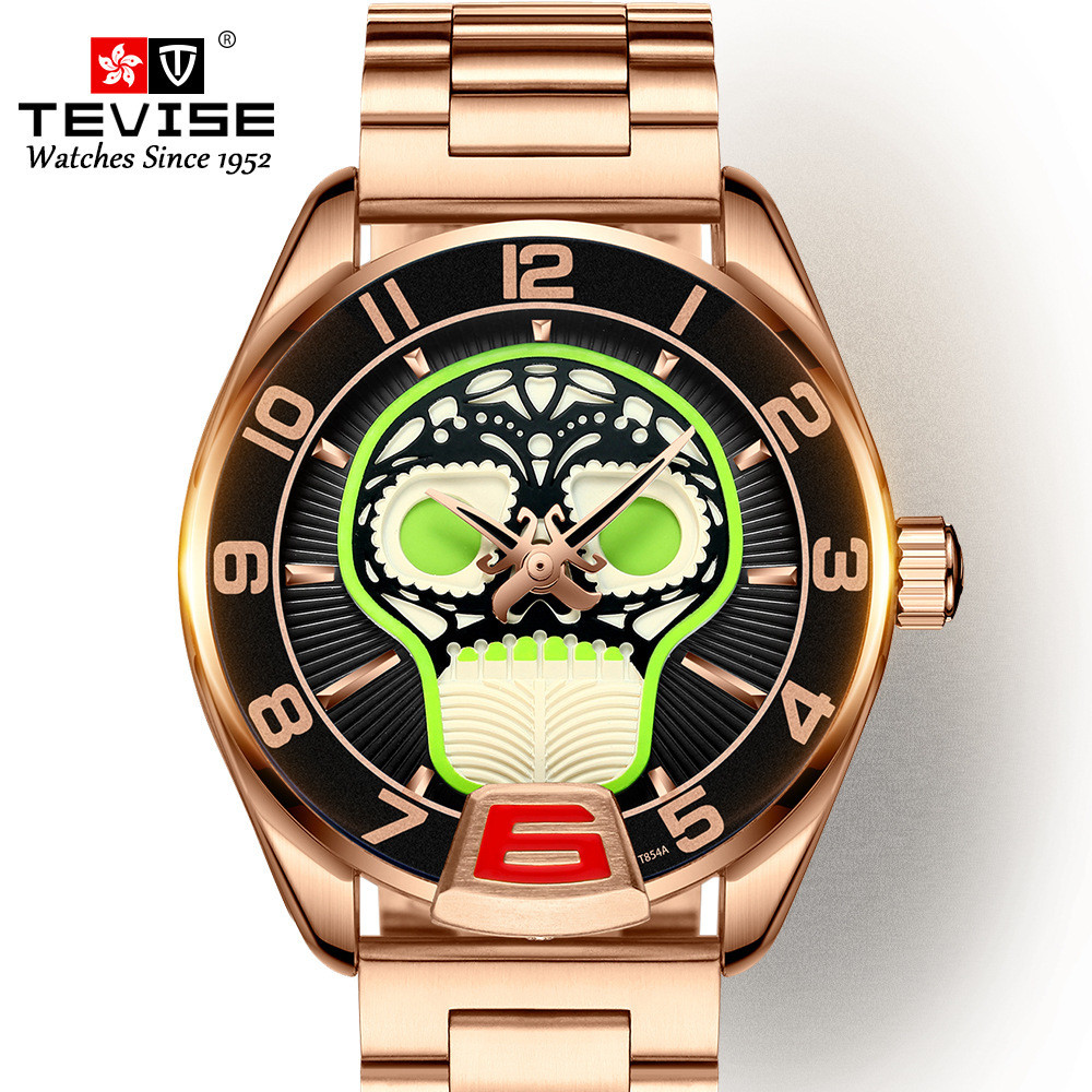 Swiss tevise Tvise Mechanical Watch นาฬิกามัลติฟังก์ชั่นอัตโนมัติผู้ชายสายเหล็ก 3 Luminous หน้าปัดขน