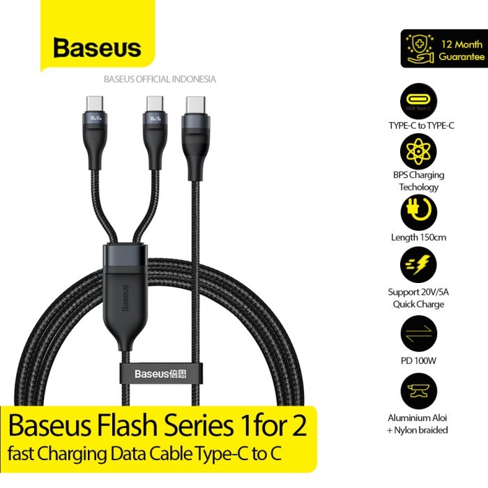 Baseus 2 in 1 สาขาสายชาร์จ 100W 150cm/1.5M USB C to C PD Nylon