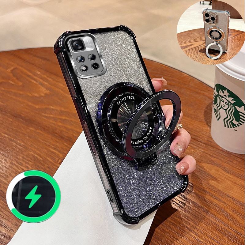 เหมาะสําหรับ Redmi 10 4G 10 Prime เคสโทรศัพท์สี่มุม anti drop CD วงเล็บแม่เหล็กแฟลชแป้งโปร่งใส soft 