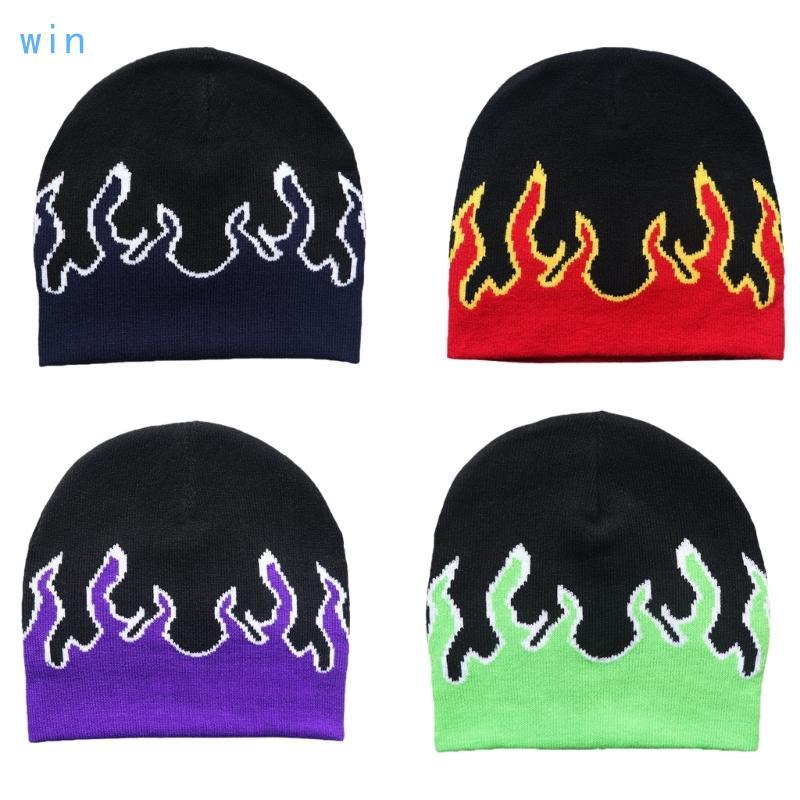 Win Flame Skull Beanie หมวกถักสไตล์ยุค Y2K