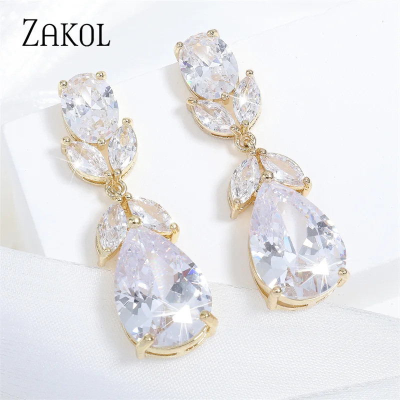 ZAKOL White Water Drop Cubic Zirconia Dangle Earring for Women Fashion Leaf Bridal Earring Wedding J