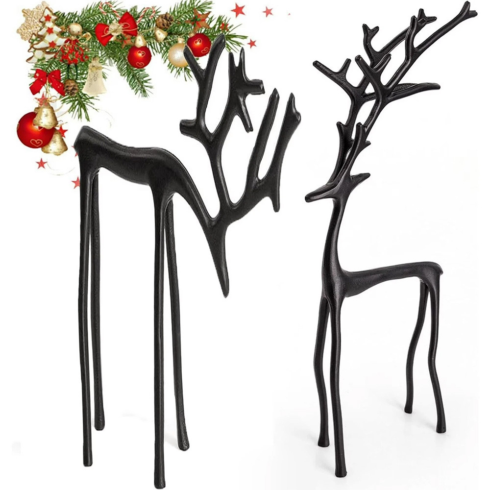 Set of 2 Black Reindeer Statues Alloy Christmas Statues Black Reindeer Statues