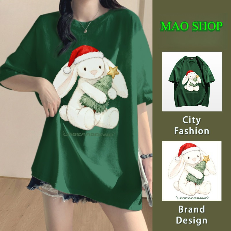 COD✅ (จัดส่งในกรุงเทพฯ) MAO Shop Christmas ลายพิมพ์กระต่ายน่ารัก เสื้อยืดแขนสั้นคอกลม oversize ทรงหล