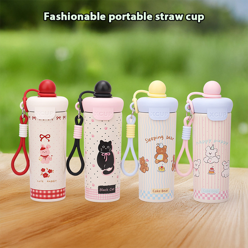 สแตนเลสแบบพกพาฟางกระติกน้ำร้อนถ้วยลอยสร้าง 600ML สรรค์ถ้วยน้ำความจุขนาดใหญ่ถ้วยการ์ตูน T01310