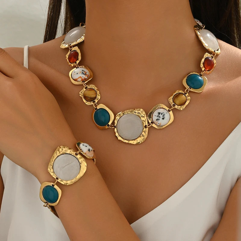 Vintage Multi-color Irregular Geometric Bracelets Necklace Chunky Exaggerated Metal Jewelry Sets Boh