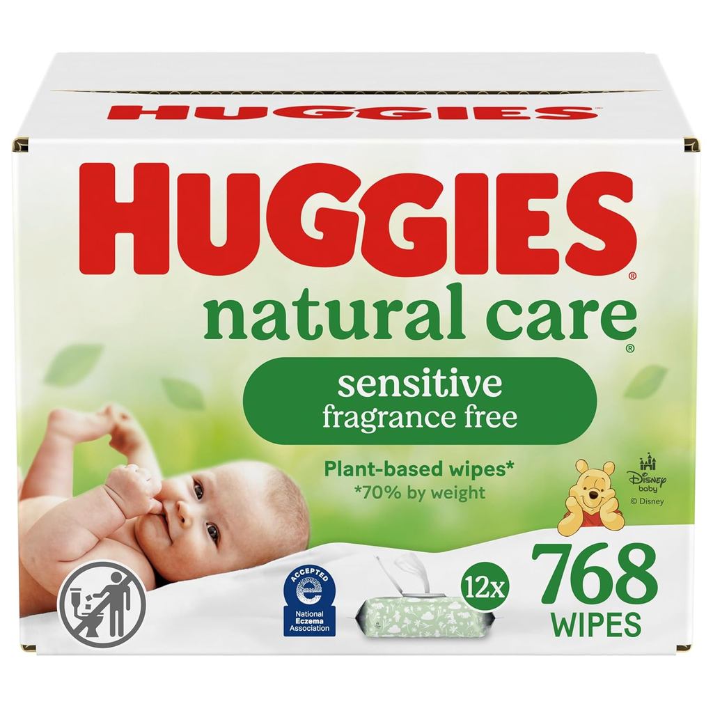 Huggies Natural Care Sensitive Baby Wipes, Unscented, Hypoallergenic, 99% Purified Water, 12 Flip-To