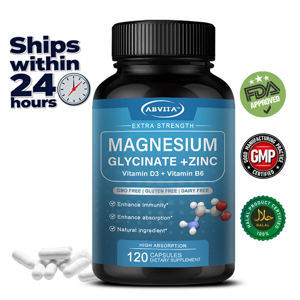 ABVITA แมกนีเซียมกลีซิเนท 500mg + สังกะสี 7.5mg 120 แคปซูล วิตามิน D3 25mcg B6 30mg