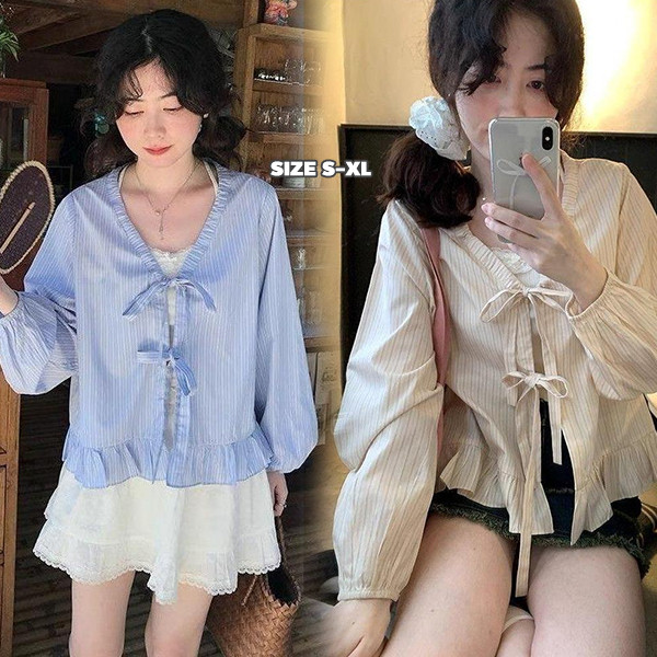 mimi&didi#เสื้อเชิ้ตลายทางสีฟ้าสำหรับผู้หญิง ทรงหลวม แขนโคมไฟ แขนยาว ทรงโบว์ หวานและน่ารัก#W680