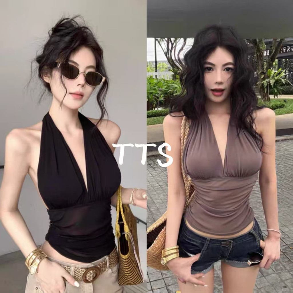 TTS 🔥 เสื้อกล้ามคอฮอลเตอร์ ดีไซน์เซ็กซี่ คอวี เอวจับจีบ ช่วยให้ดูเพรียว เสื้อตาข่ายยืดหยุ่นสูง