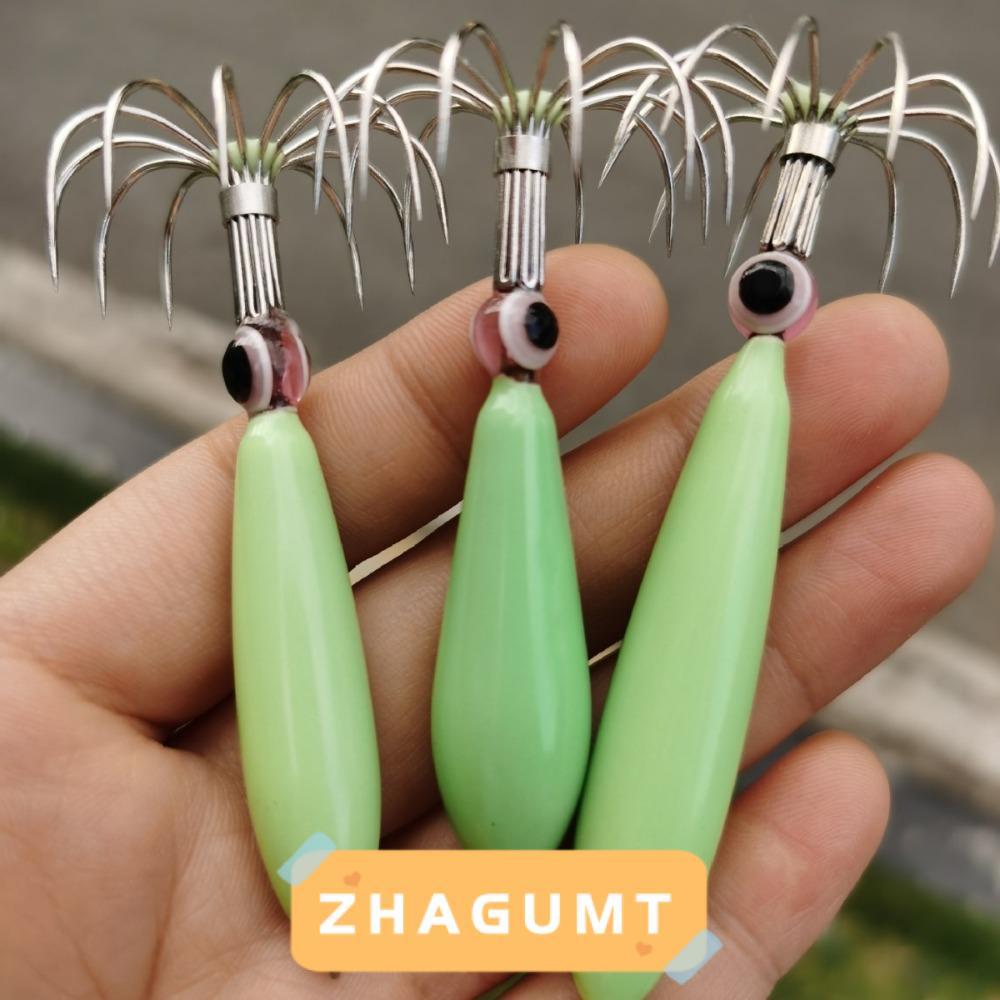ZHAGUMT366KB ตะขอหมึก 10 ชิ้นพร้อมตาปลา เหยื่อปลาหมึกยักษ์จําลองเรืองแสง สไตล์ Noctilucent 13g-89g แ