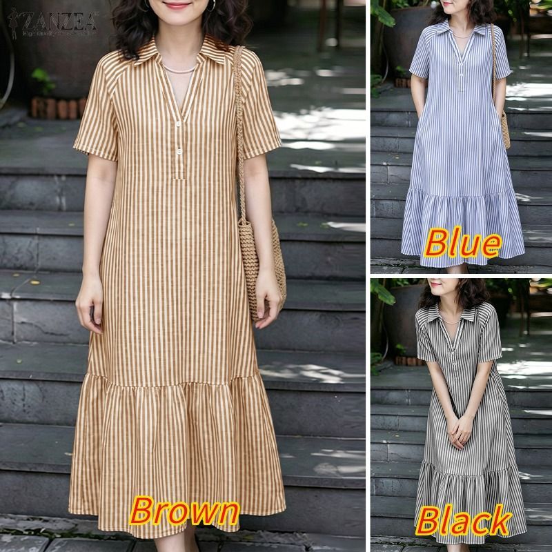 ZANZEA ผู้หญิงเกาหลีชุดลําลองแขนสั้นครึ่งกระดุม Ruffles Hem A-Line ชุดเดรสลายทาง — صورة 3