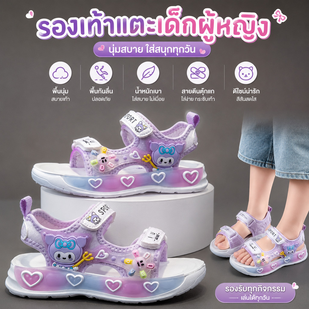 รองเท้าแตะเด็กผู้หญิงสีม่วงน่ารัก ใส่ในบ้าน ใส่ไปเรียน เบาและกันลื่น ไซส์26-36