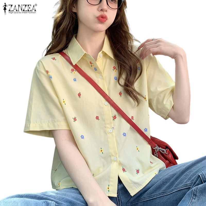 Zanzea เสื้อเชิ้ตแขนสั้นลายดอกไม้ Dopamine สําหรับผู้หญิงเกาหลี