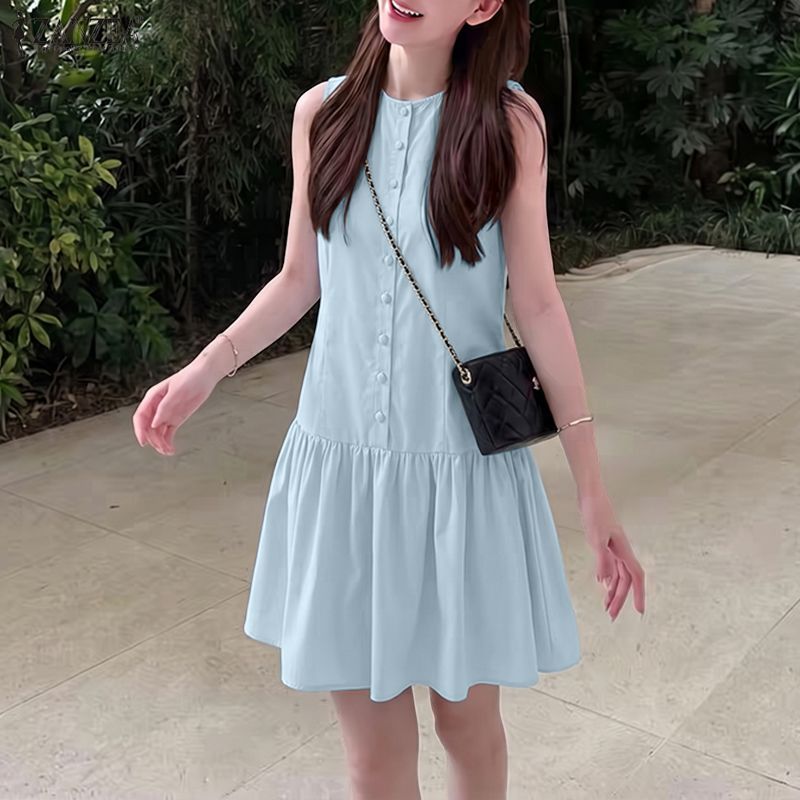 ZANZEA ใส่ ซานเซีย ผู้หญิงเกาหลีสบายๆเย็บปะติดปะต่อกันปุ่มแข็งจีบ โอ-คอแขนกุดชุดหลวม — صورة 6